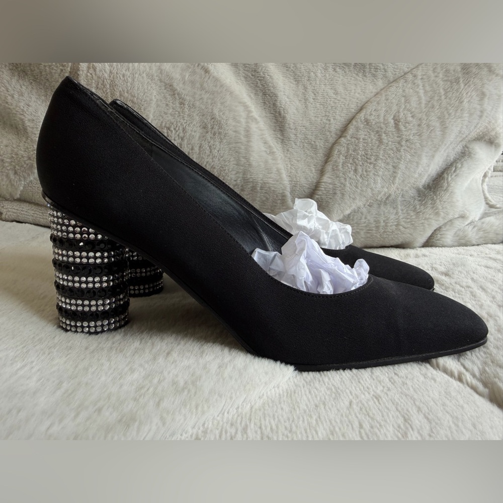 Stuart Weitzman Black Satin Crystal Rhinestone Embellished Block Heel Pumps 8.5
